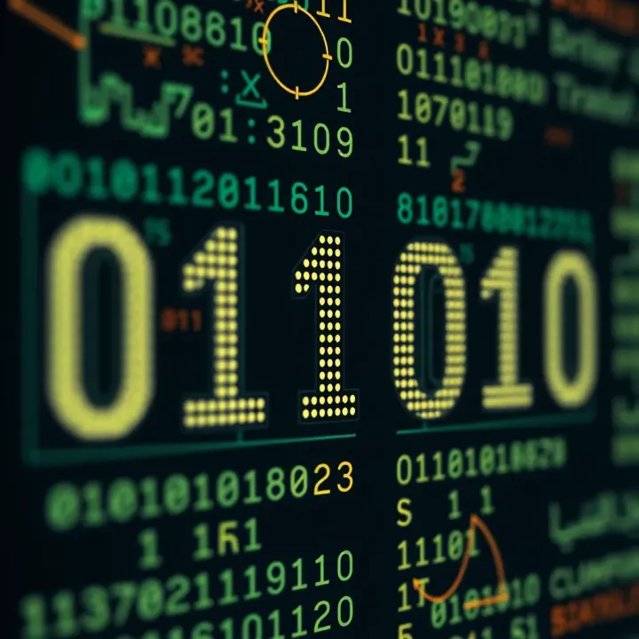 Conceptual graphic showing binary code integrated with computing and mathematical symbols