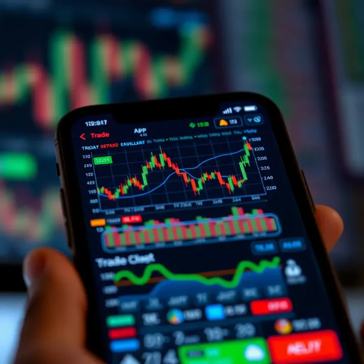 Mobile phone screen displaying various stock market charts and trading indicators