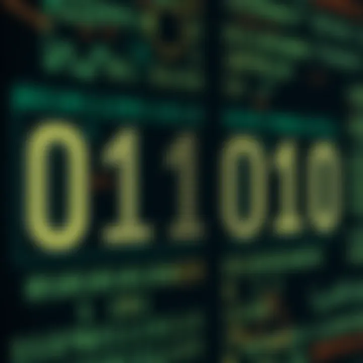 Conceptual graphic showing binary code integrated with computing and mathematical symbols