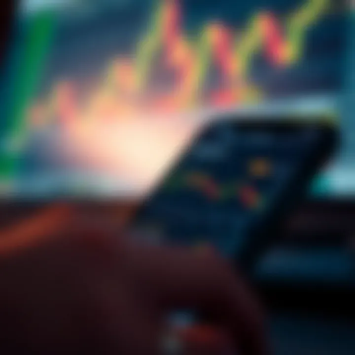 Mobile device screen displaying a forex trading application interface with currency charts and analytics