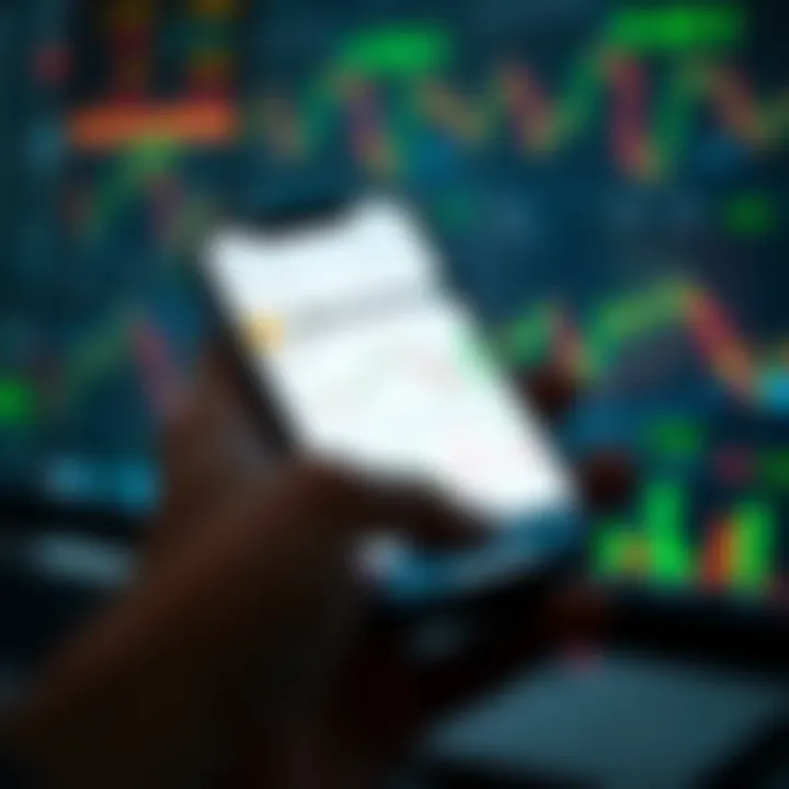 Mobile device displaying forex trading application with currency charts and graphs