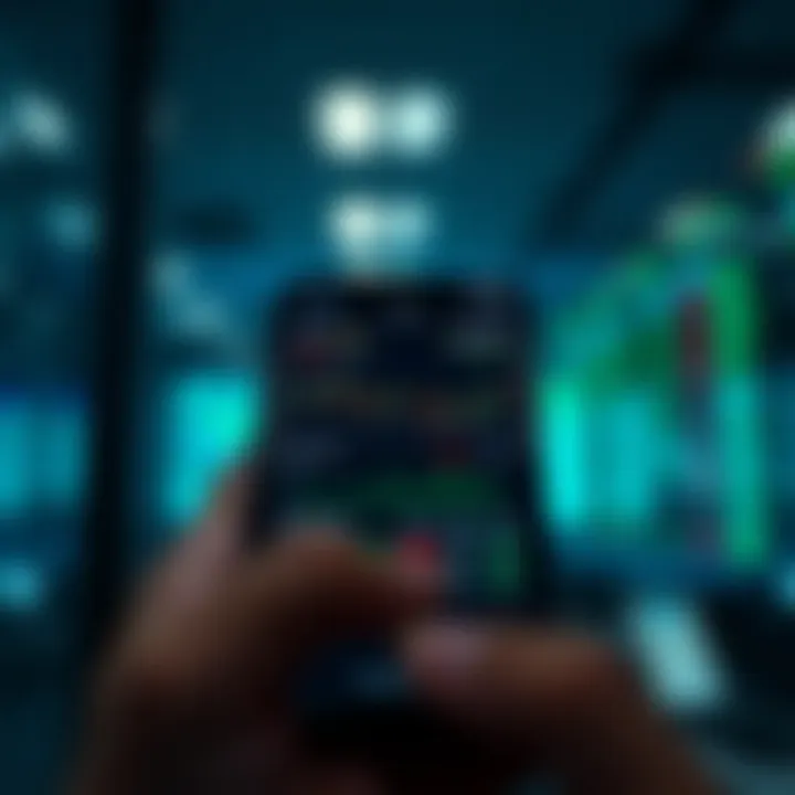 Mobile phone displaying a trading app interface with charts and financial data