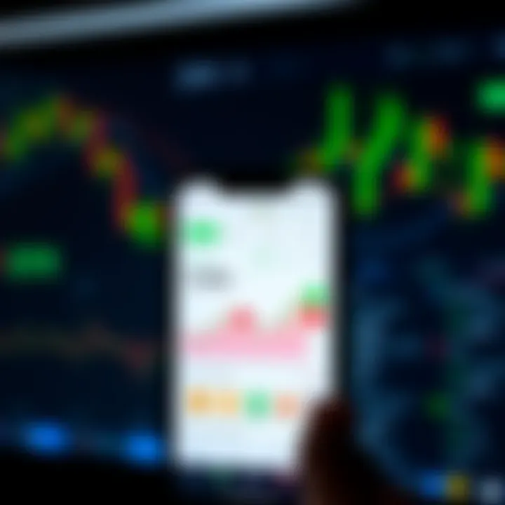 Mobile phone displaying a cryptocurrency trading app interface with charts and currency icons