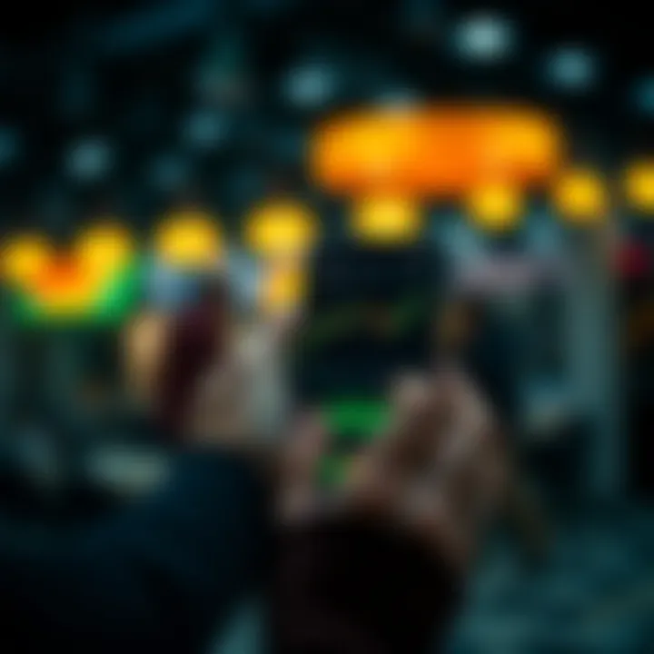 User interacting with a smartphone displaying a cryptocurrency trading app interface with charts and market trends