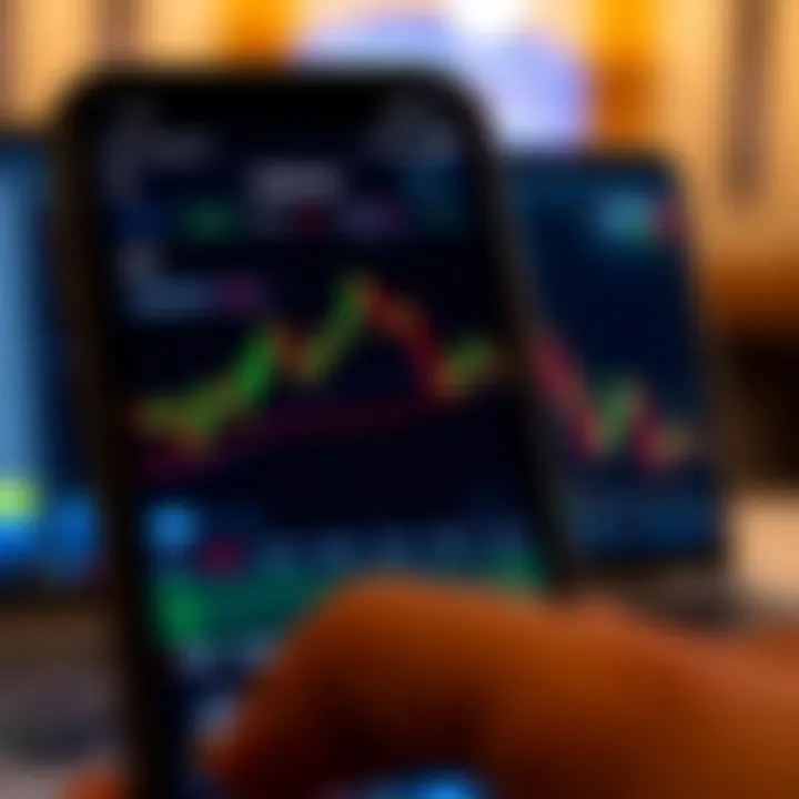 Smartphone displaying forex trading app with charts and currency pairs for Pakistani market