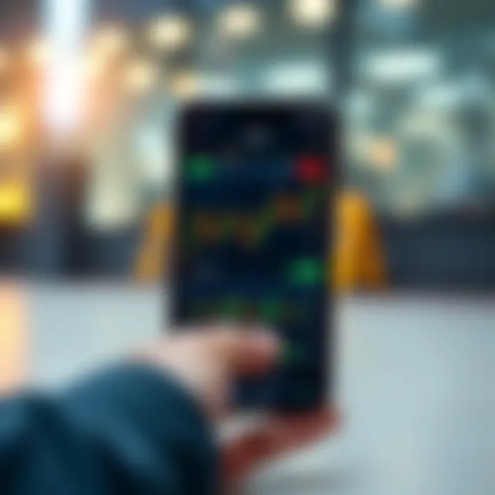 Mobile device displaying stock market charts and trading app interface