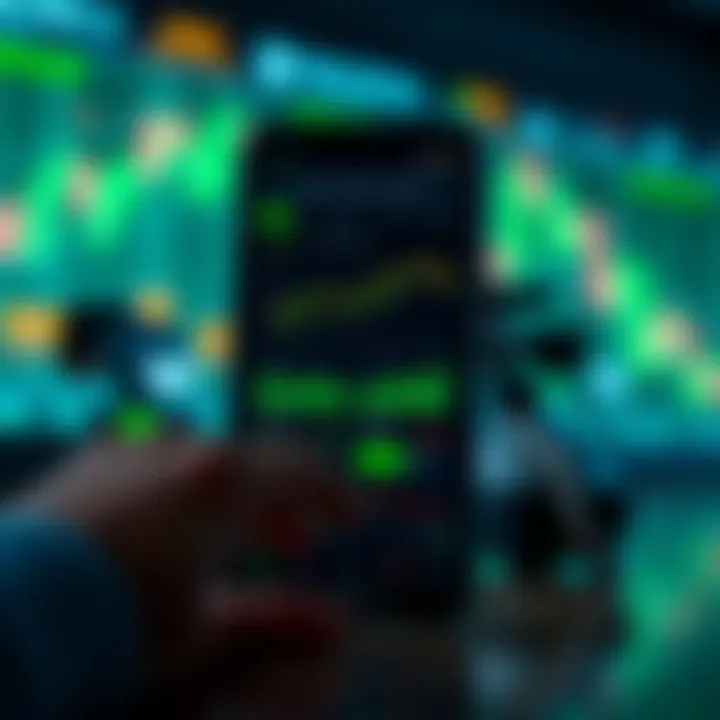 Mobile device screen depicting various trading app features including charts and real-time data