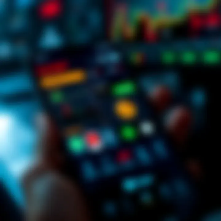 Mobile device displaying various trading app features, including charts and security icons