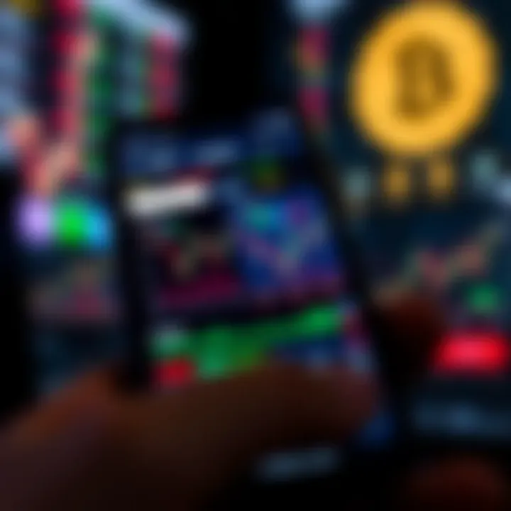 Mobile phone displaying trading app interface with charts and market data