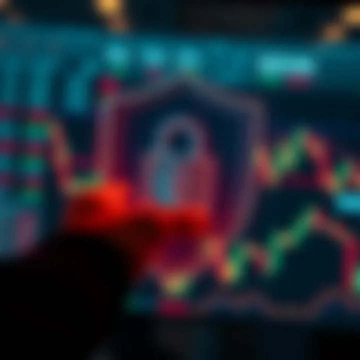 Secure financial technology concept with shield and digital stock charts