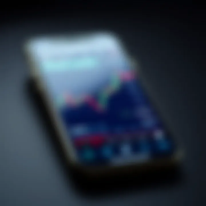 Smartphone screen displaying a forex trading application interface with charts and currency pairs