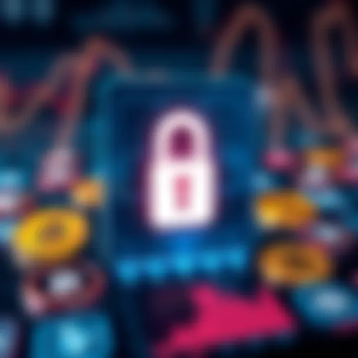 Secure digital lock symbol overlaid on cryptocurrency icons representing app security features