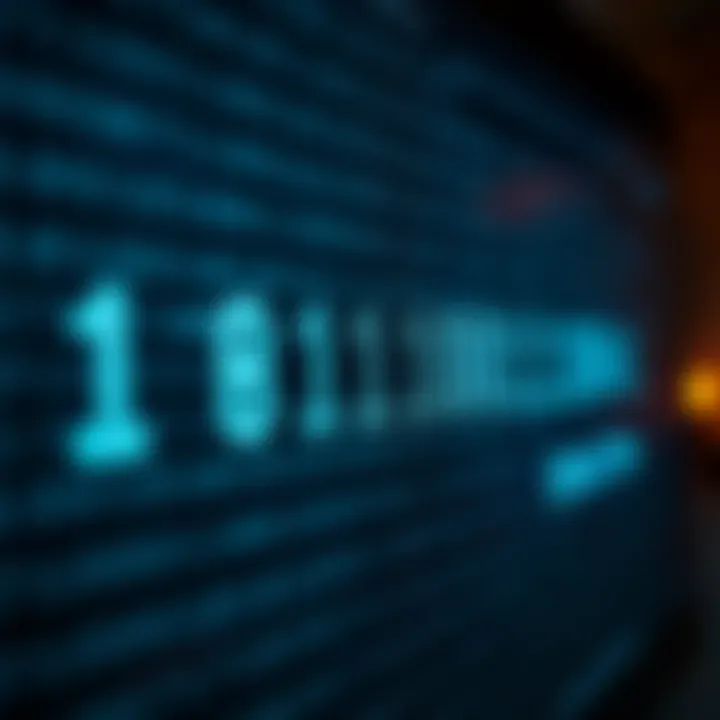 Binary Code Representation in Digital Technology Context for Pakistan Visual representation of binary digits forming digital text in a computing environment relevant to Pakistan's technology sector