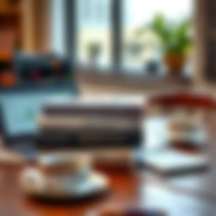 Stack of essential forex trading books placed on a wooden table with a laptop and a cup of coffee