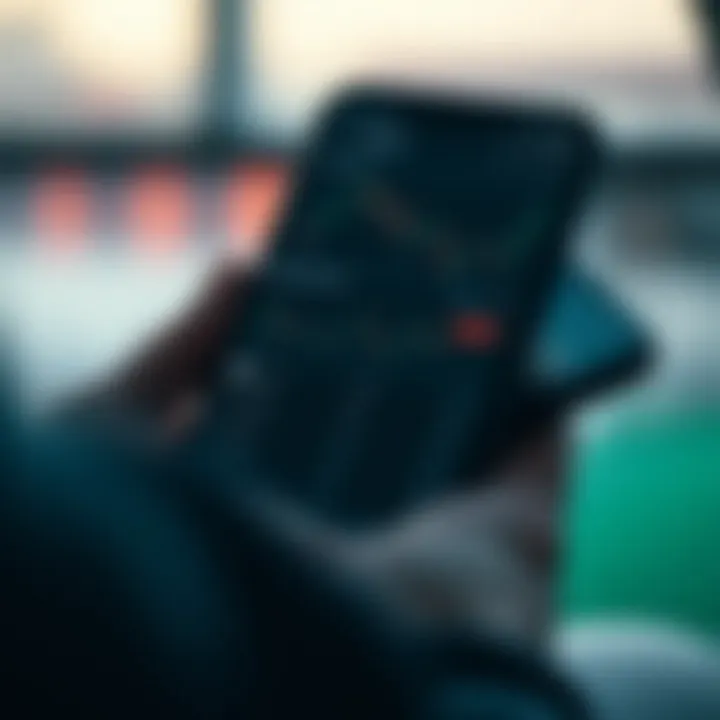 Mobile phone screen showing a trading application dashboard with charts and portfolio details