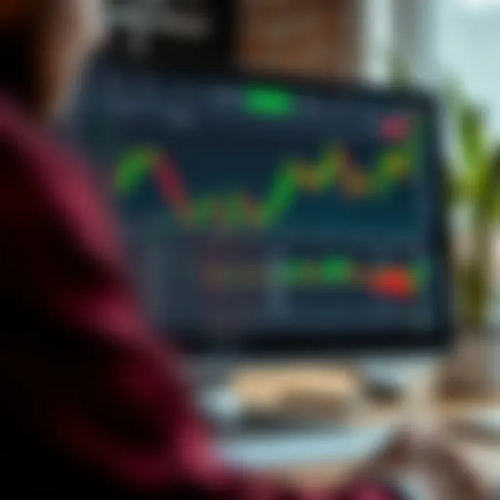 Illustration of a computer screen displaying a binary options trading platform with charts and asset options