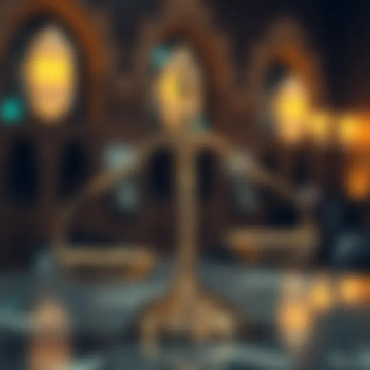 Representation of currency exchange with Islamic law balance scales symbolizing halal and haram