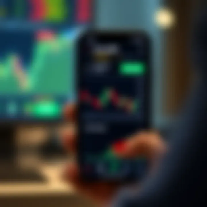 Chart showing Forex trading signals and group chat on smartphone