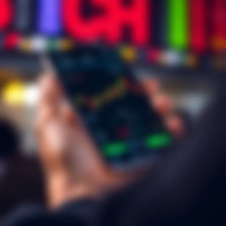 Mobile screen showing a colourful trading app interface with charts and trading options