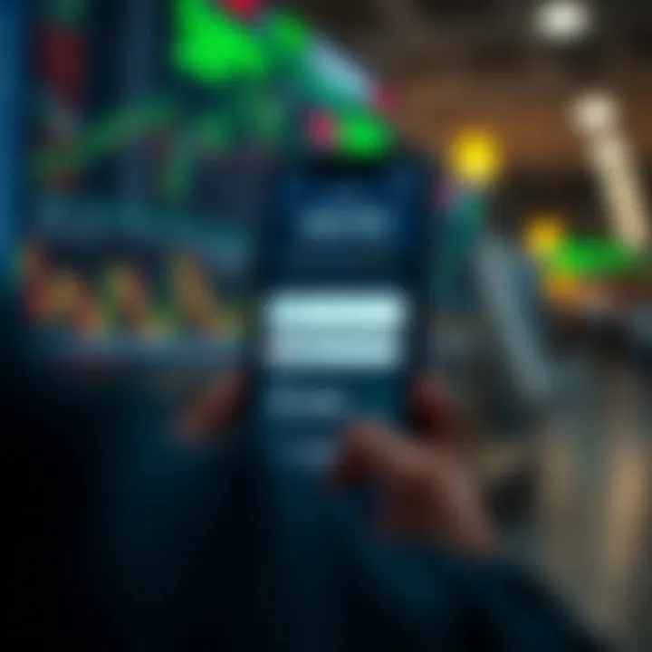 Illustration of a smartphone showing stock market trends and low fee notifications