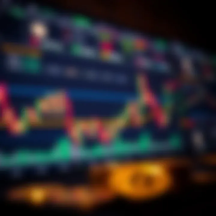 Graphical representation of cryptocurrency trading charts and digital coins