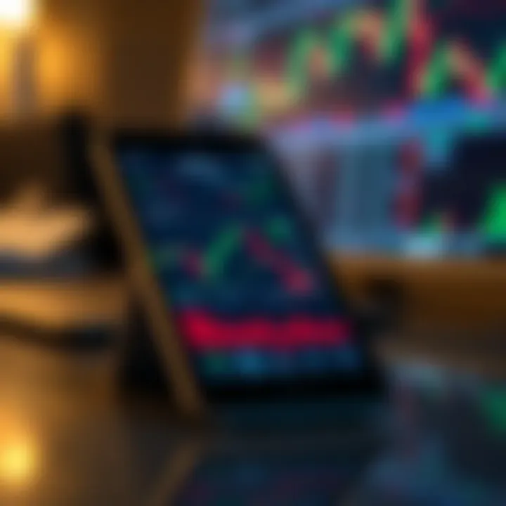 Mobile phone displaying a demo trading app interface with charts and market indicators