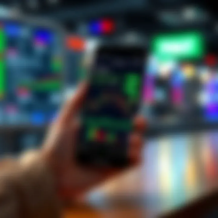 Smartphone displaying a Forex trading chart with real-time data and WhatsApp group chat overlay