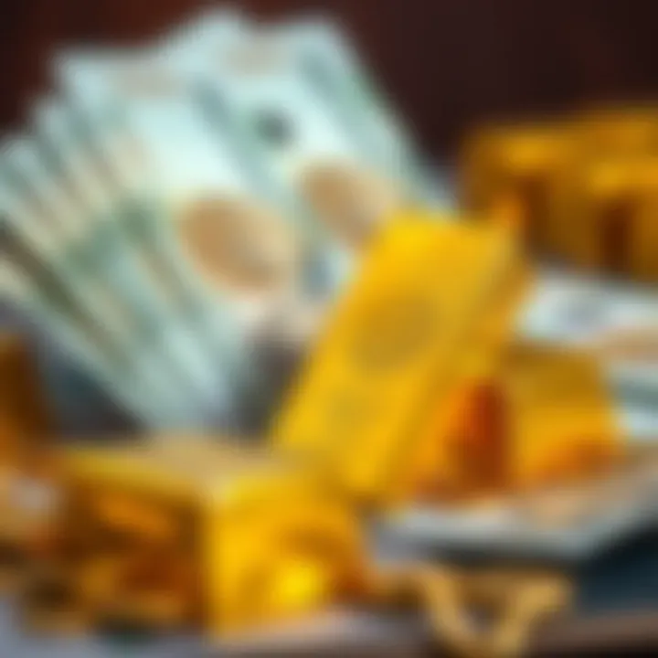 Close-up of gold bars and Pakistani currency notes illustrating investment and trading in gold