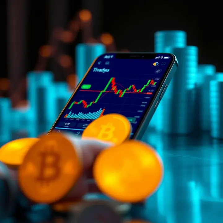 Cryptocurrency Trading App Interface on Mobile Device Mobile phone screen displaying a cryptocurrency trading app interface with charts and digital coins
