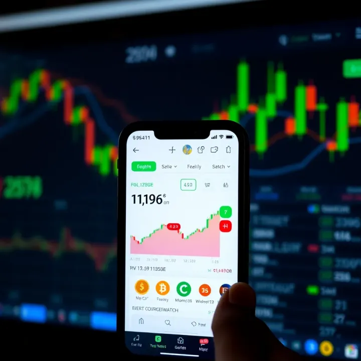 Mobile phone displaying a cryptocurrency trading app interface with charts and currency icons