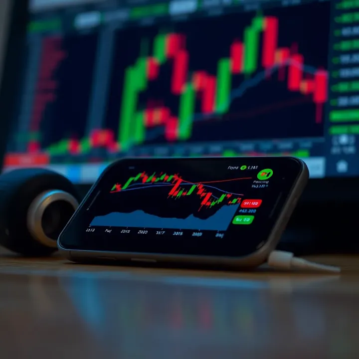 Smartphone displaying forex trading platform with charts and currency pairs