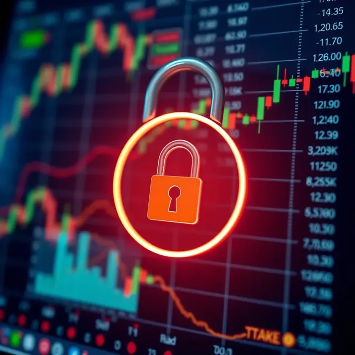 Secure digital lock symbol over trading data representing app security