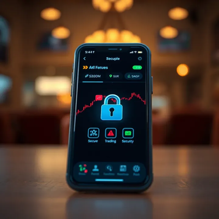 Secure mobile device with forex app displaying encryption and security icons