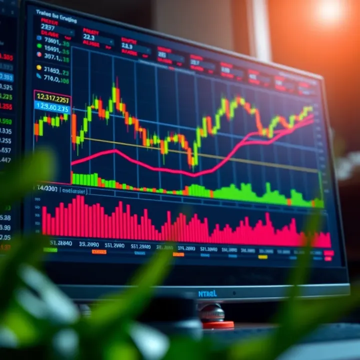 Forex trading platform with charts and currency symbols on a computer screen