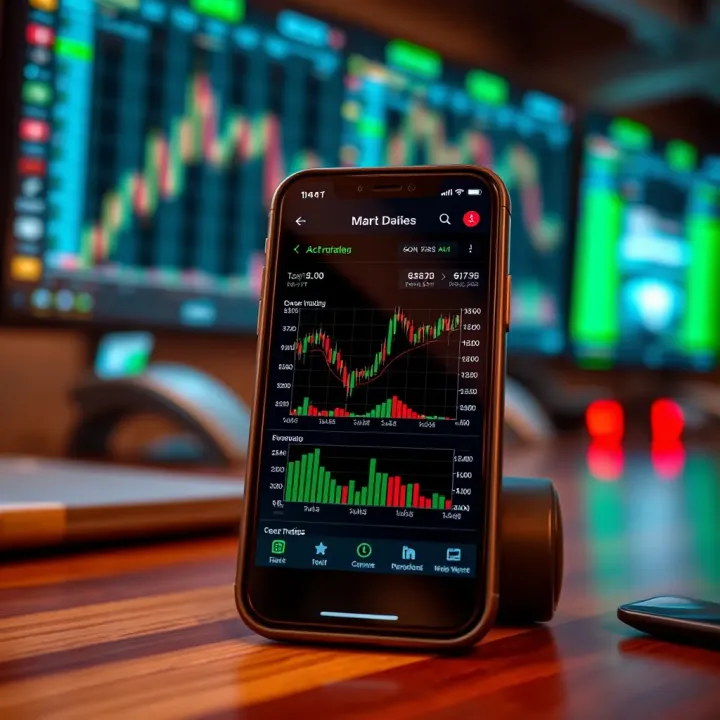 Secure Trading App Interface with Market Data Mobile phone displaying a secure online trading application interface with graphs and charts