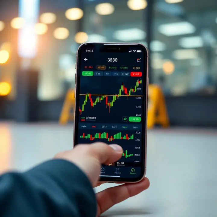 Mobile device displaying stock market charts and trading app interface
