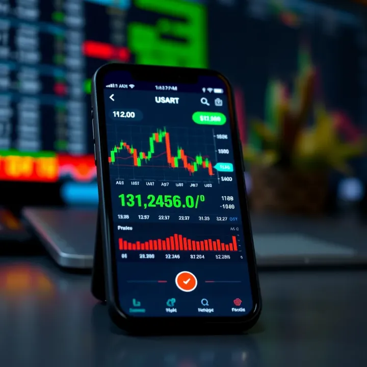 User interface of a stock trading app showing charts and market data on a smartphone screen