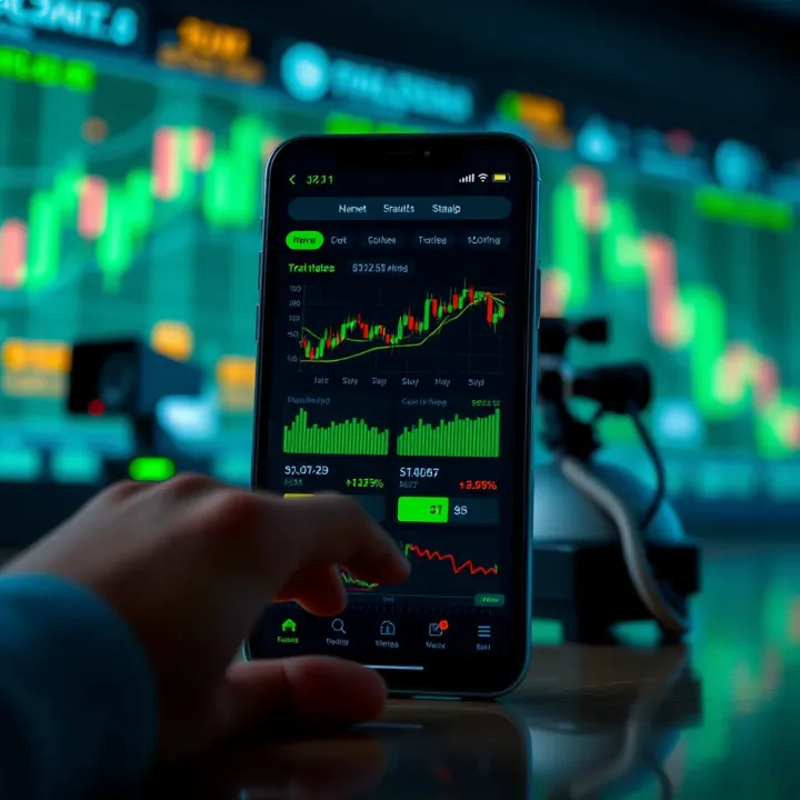 Mobile device screen depicting various trading app features including charts and real-time data