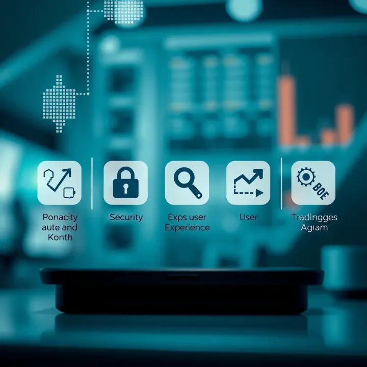 Illustration of key features and options of trading apps with icons representing security, user experience, and trading tools