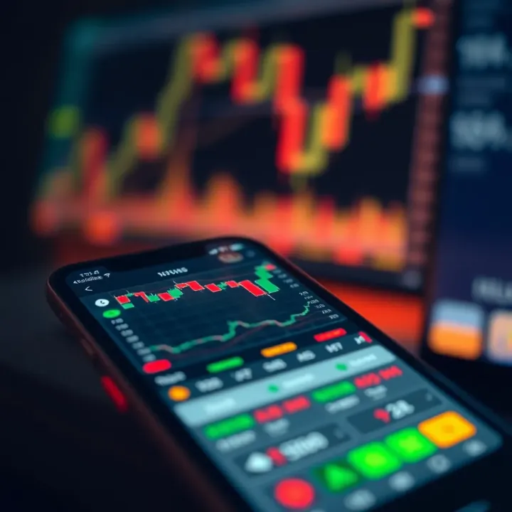 Trading App Interface Showing Real-Time Market Data User interface of a trading app displaying stock charts and market data on a smartphone screen