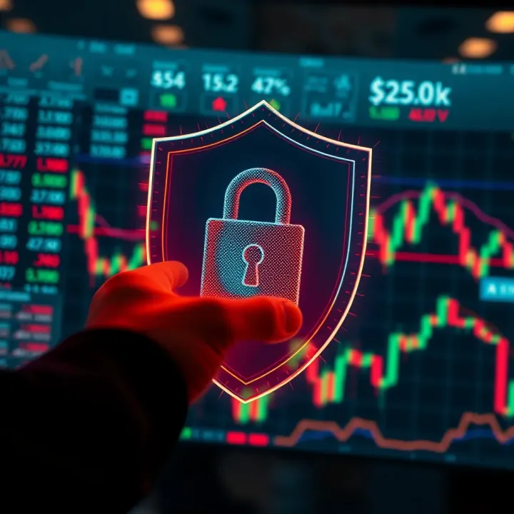 Secure financial technology concept with shield and digital stock charts