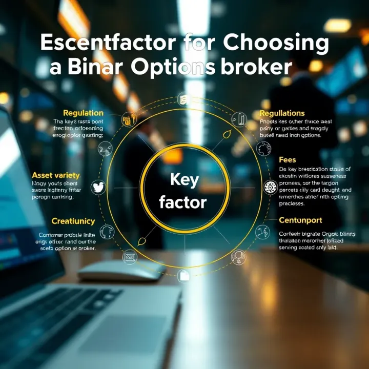 Diagram showing key factors for selecting a binary options broker including regulation, fees, asset variety, and customer support