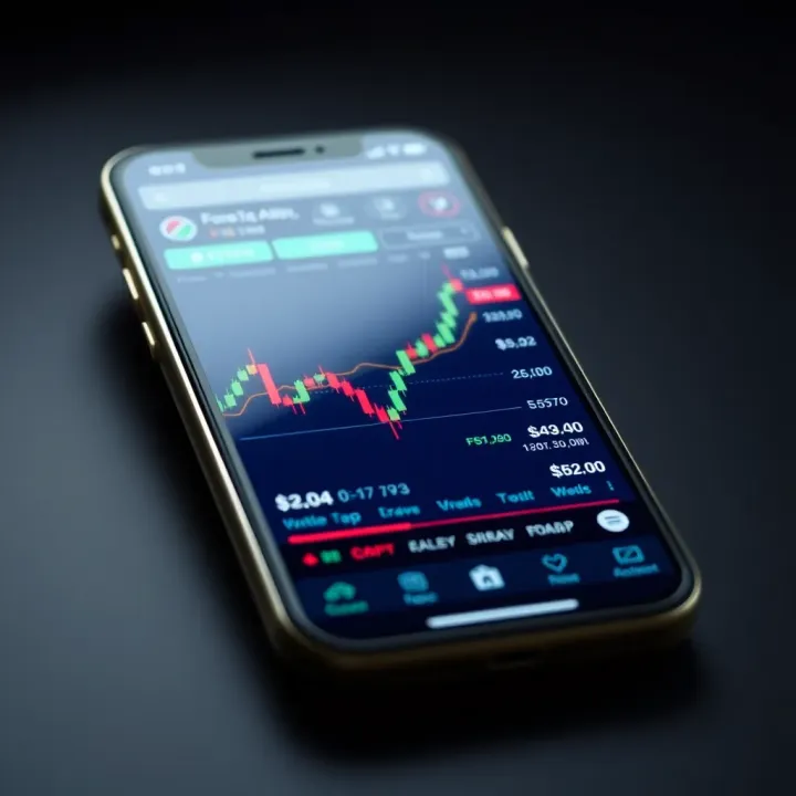 Smartphone screen displaying a forex trading application interface with charts and currency pairs