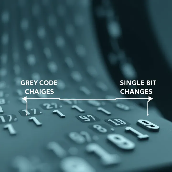 Illustration of Grey Code to Binary Transition Diagram illustrating the transition between grey code and binary code highlighting single bit changes