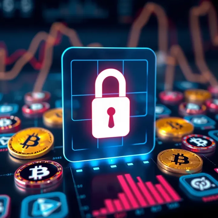 Secure digital lock symbol overlaid on cryptocurrency icons representing app security features