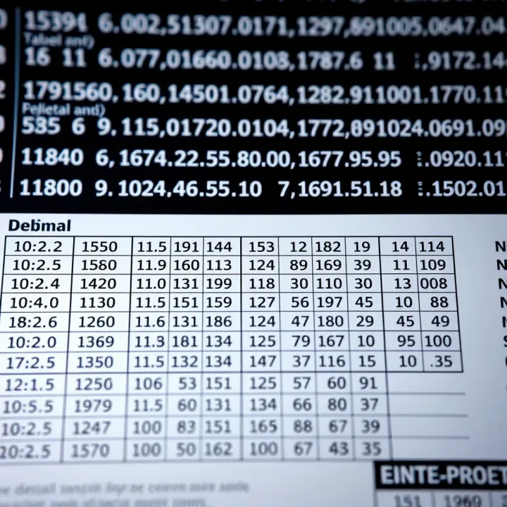 Table showing decimal values alongside their equivalent binary representations for easy comparison