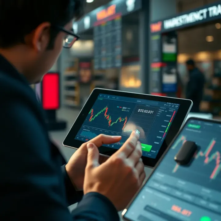 A trader analyzing virtual stock market trends on a tablet to practice trading strategies