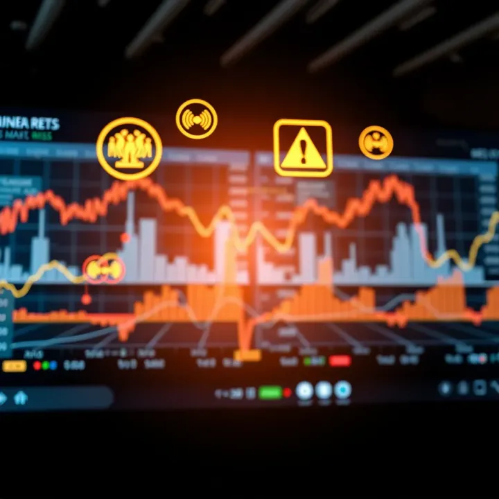 Illustration of business environment with dynamic market trends and regulatory symbols indicating challenges and risk factors