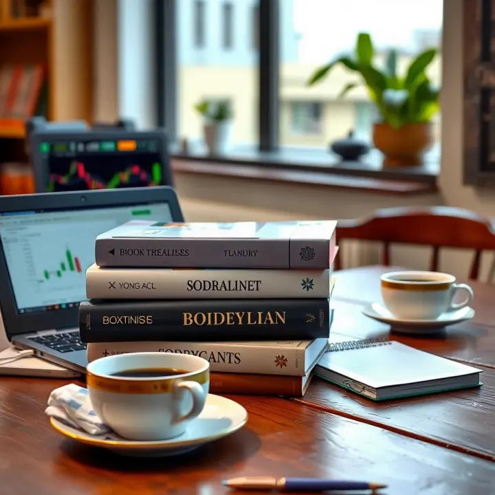 Stack of essential forex trading books placed on a wooden table with a laptop and a cup of coffee