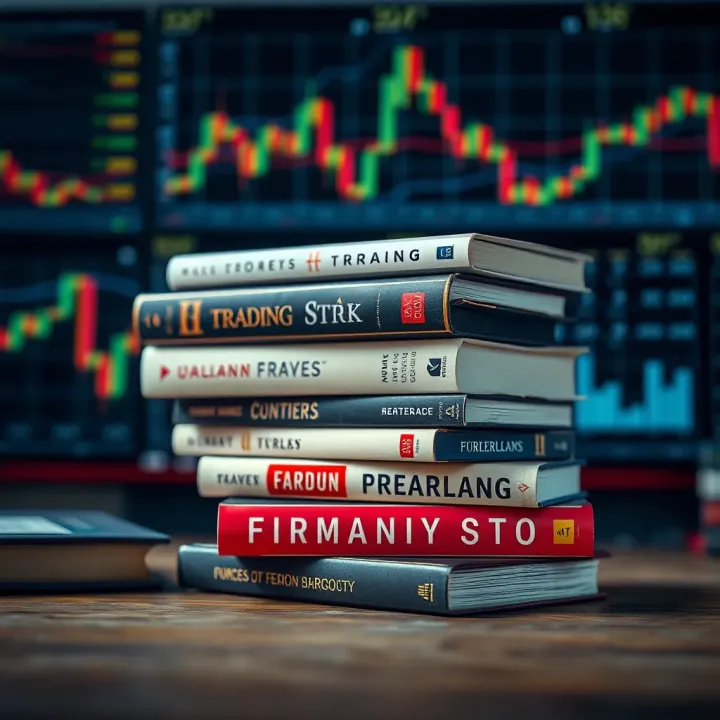 Key Forex Trading Books for Market Mastery Stack of essential forex trading books with a chart and currency symbols in the background